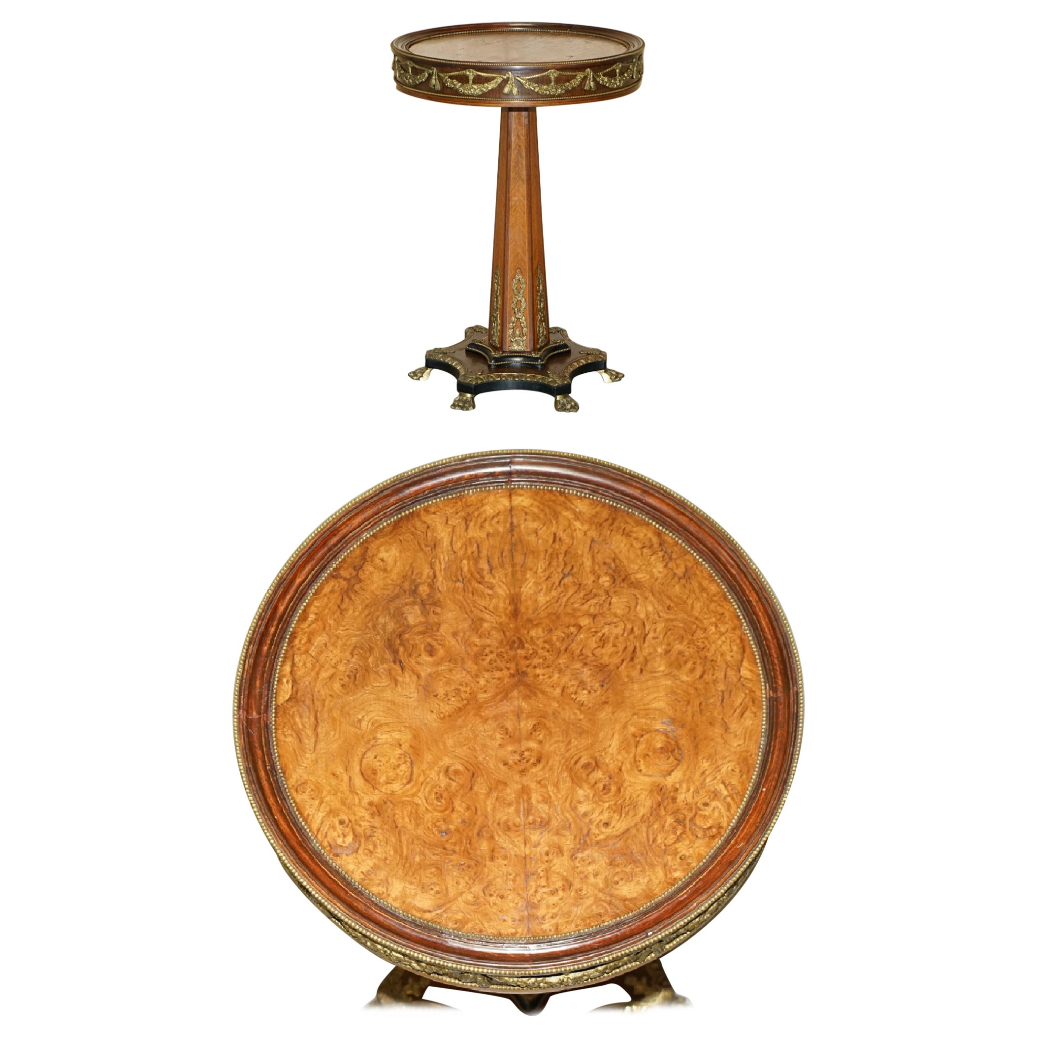 STUNNiNG FRENCH VINTAGE BURR WALNUT & GILT BRASS ROUND OCCASIONAL TABLE For Sale