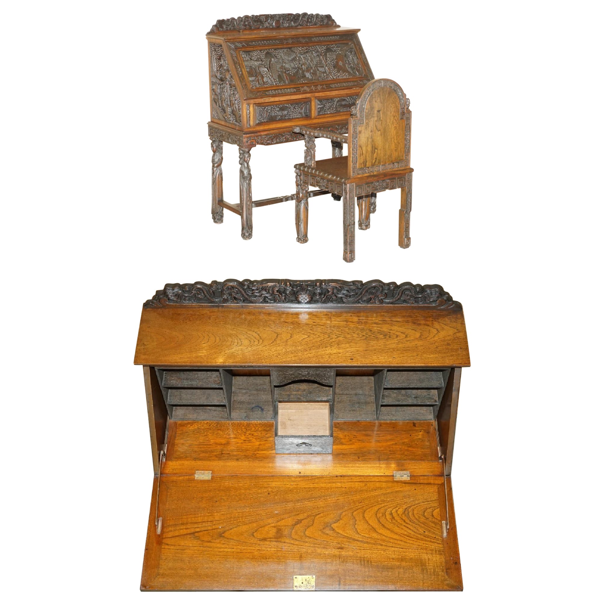 ANTiQUE CIRCA 1940'S HAND CARVED CHINESE BUREAU WRITING DESK & MATCHING ARMCHAIR For Sale