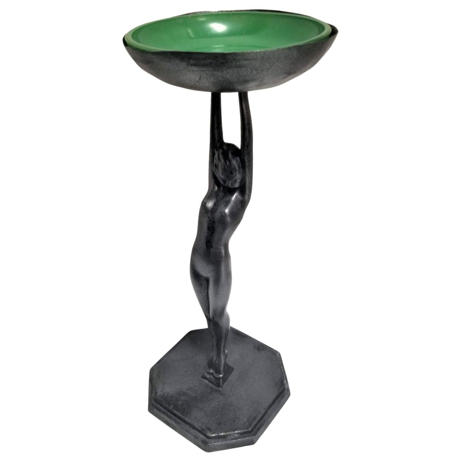 Cendrier Frankart n° 210 avec plateau de table pour femme nue et bol en verre vert