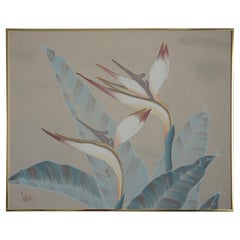 Retro Original Lee Reynolds Floral Birds of Paradise Oil On Canvas Painting