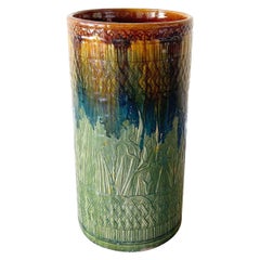 Boho Chic Green & Orange Floral Glazed Clay Floor Vase