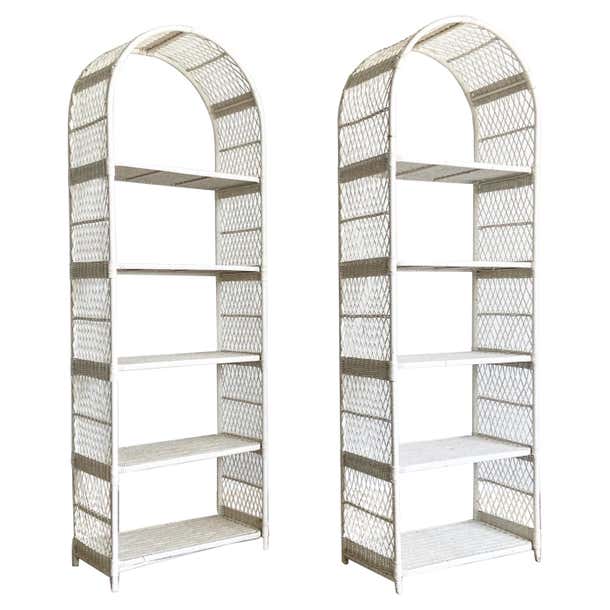 Boho Chic Arch Top White Wicker Rattan Étagères - a Pair For Sale at ...