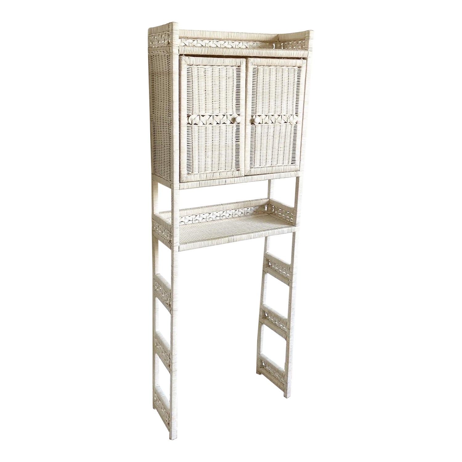 Boho Chic White Rattan and Wicker Bathroom Storage Etagere For Sale