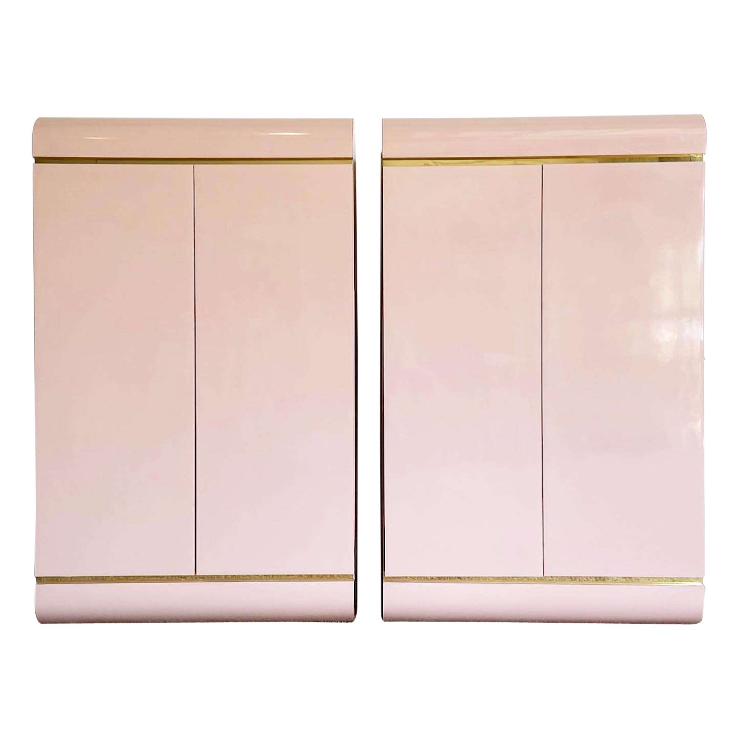 Postmodern Pink Lacquer Laminate Waterfall Cabinets - a Pair