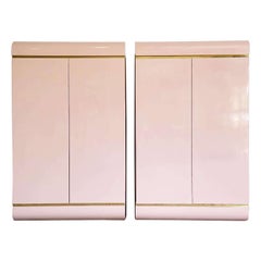 Retro Postmodern Pink Lacquer Laminate Waterfall Cabinets - a Pair