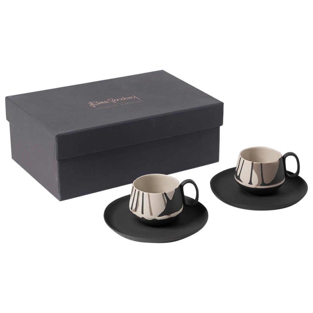 Tube Colour Wave Espresso Cup Wıth Saucer Set Of 2 Black - Black & Rock & Ivory For Sale