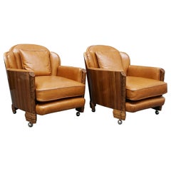 Antique A Pair of Burr Walnut and Leather Art Deco Lounge Chairs by Maurice Adams 