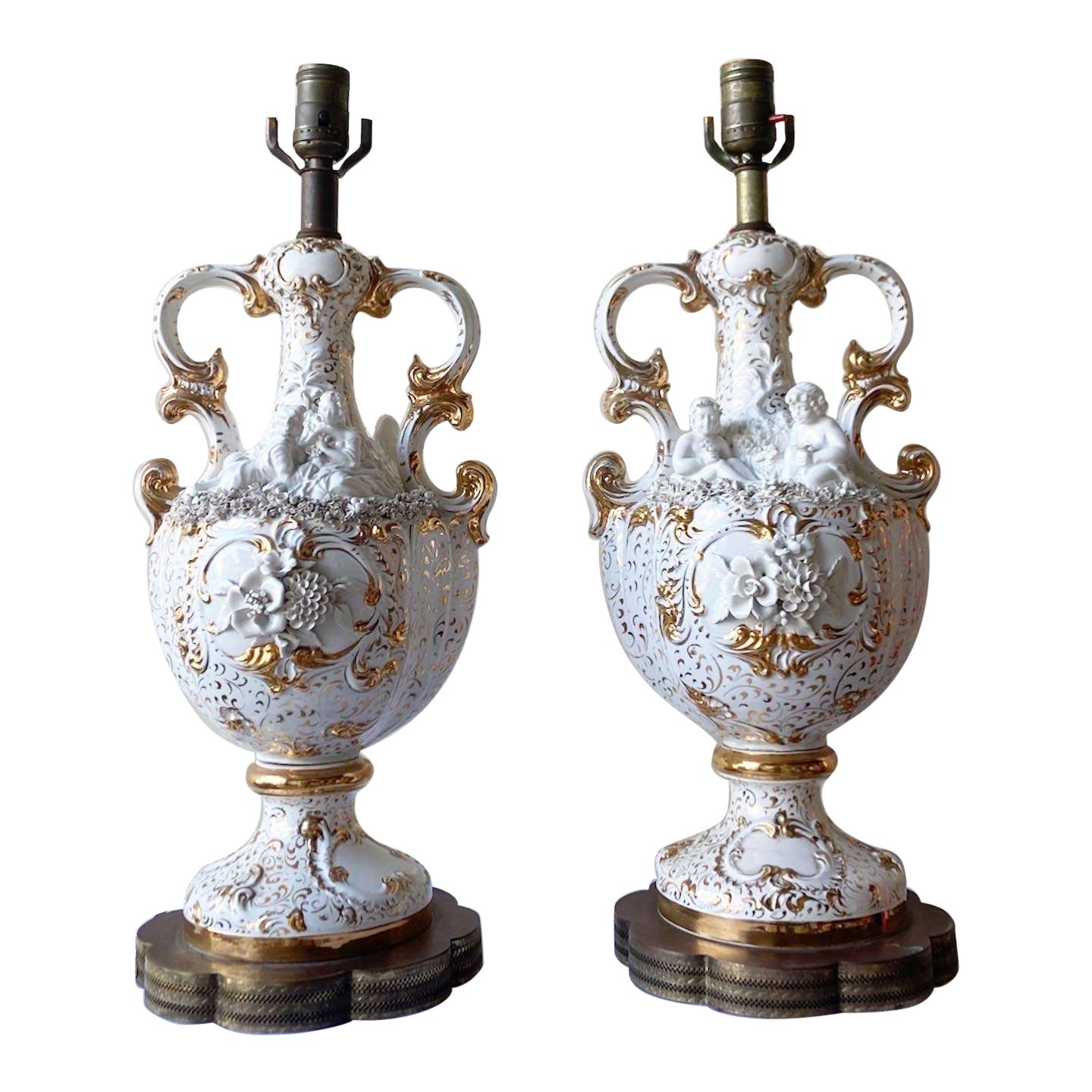 Vintage Ceramic White and Gold Cherub Trophy Table Lamps - a Pair For Sale