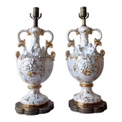 Vintage Ceramic White and Gold Cherub Trophy Table Lamps - a Pair