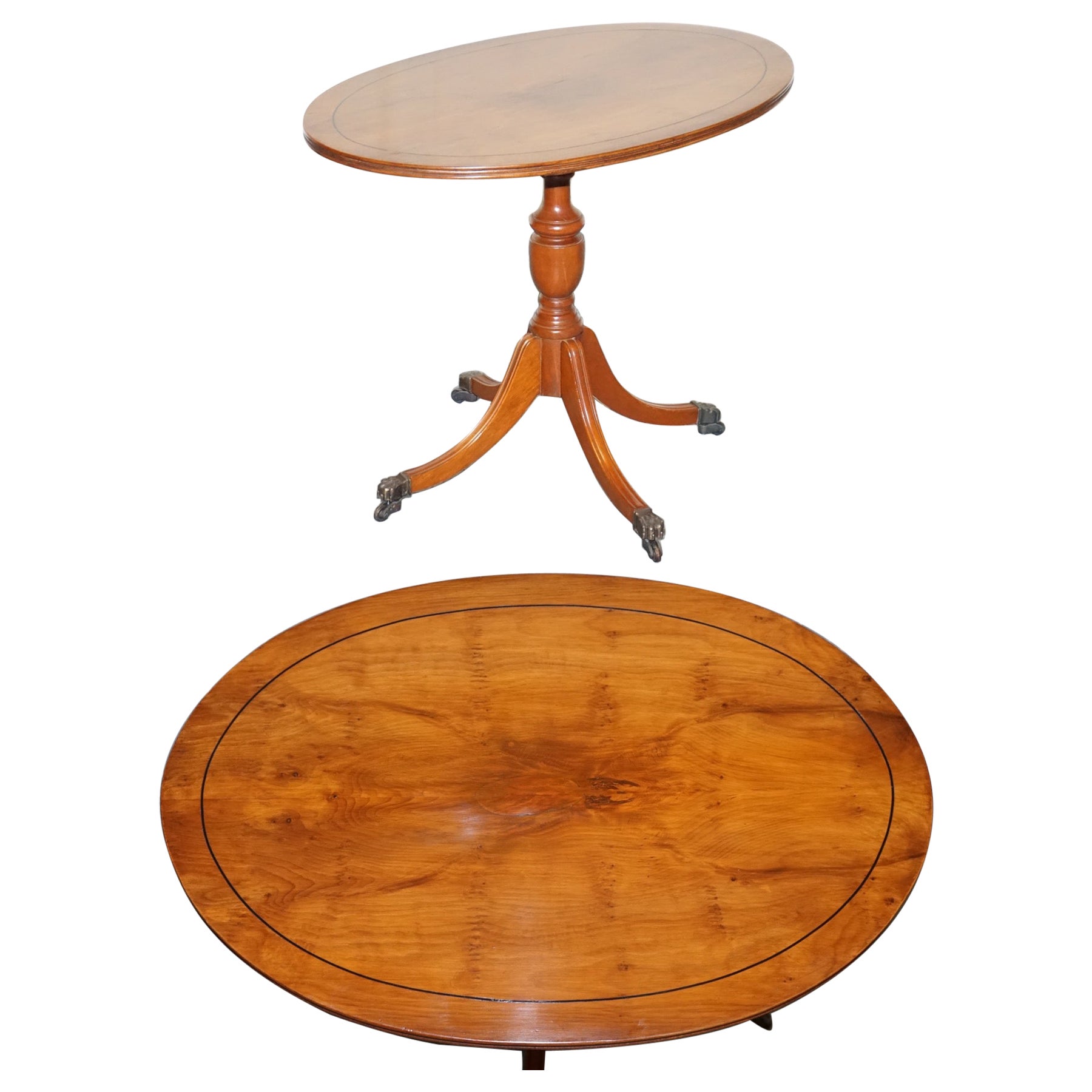 LOVELY VINTAGE OVAL BURR YEW WOOD SIDE TABLE ON TRiPOD LEGS For Sale
