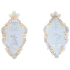 Venetian Sir & Lady Pair of engraved Murano Glass Mirrors Gold Finishes 1900s