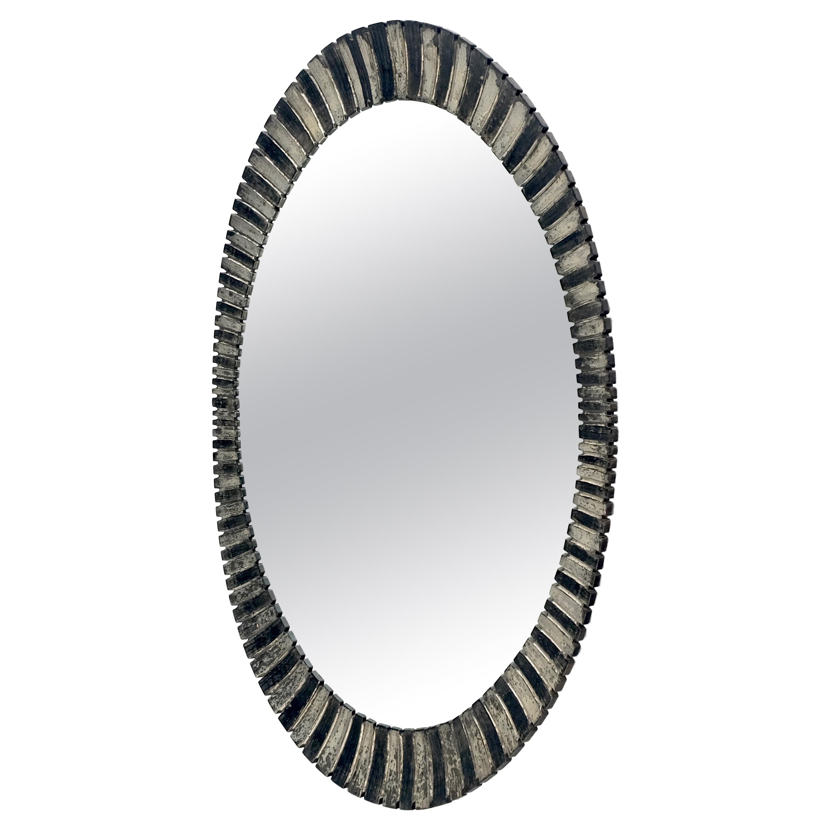 Oval Silver Gilt Composite Scallop Motif Wall Mirror Mid Century Modern  For Sale