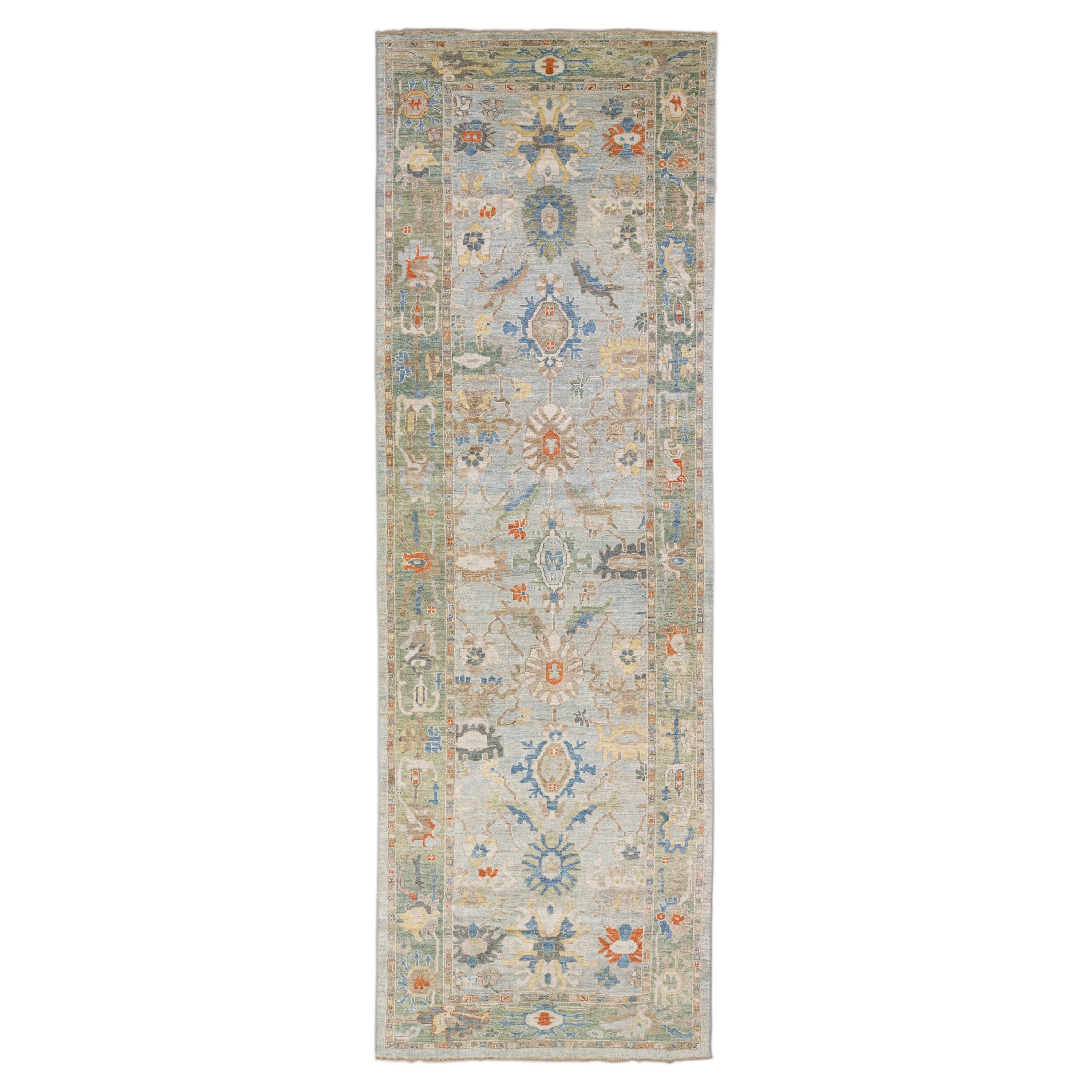 Moderner Sultanabad-Galerie-Wollteppich in Blau und Grün mit Blumenmuster