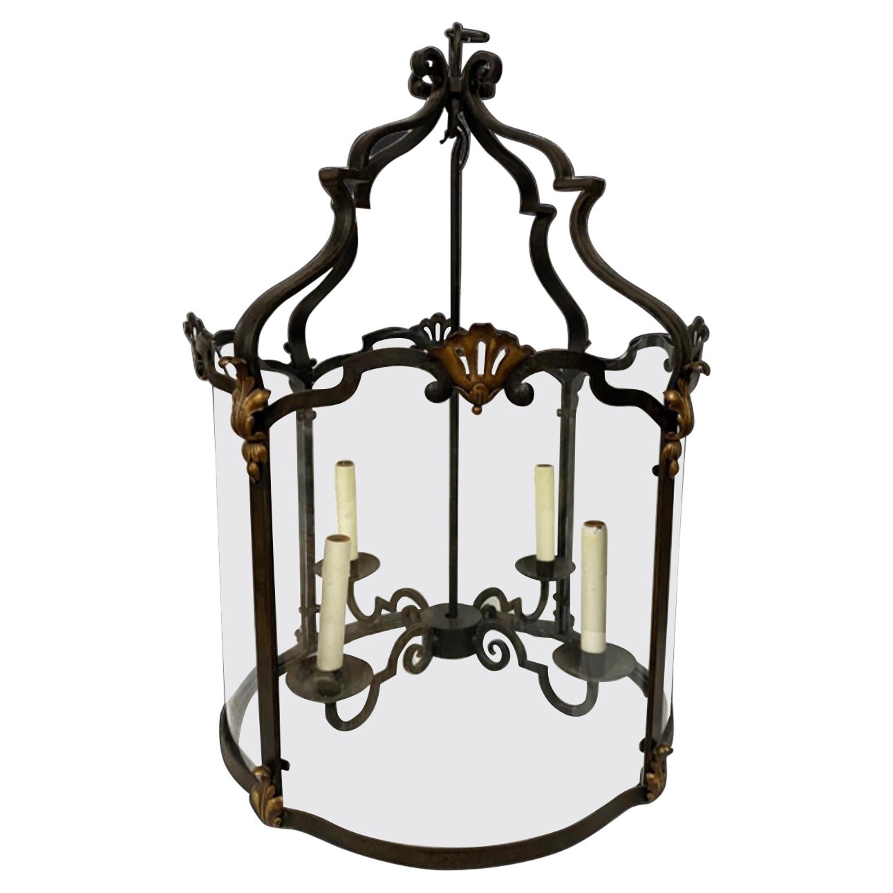 Large French Vintage Wrought Iron Lantern with Gilt detail  For Sale