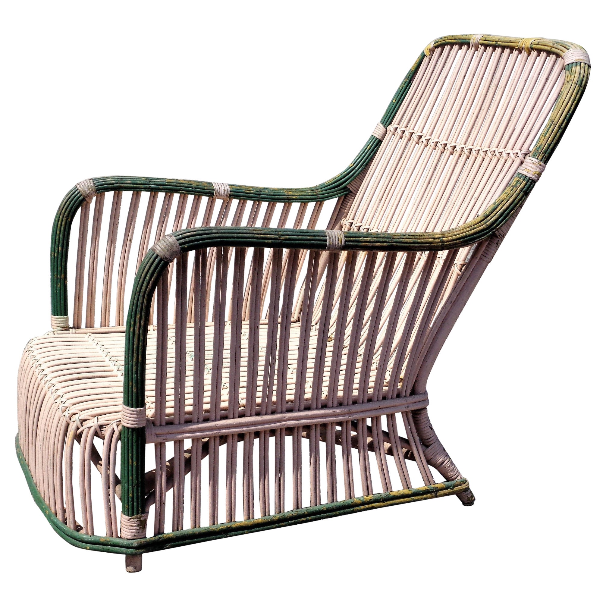  American Art Deco Stick Wicker Lounge Chair, Circa 1930 For Sale