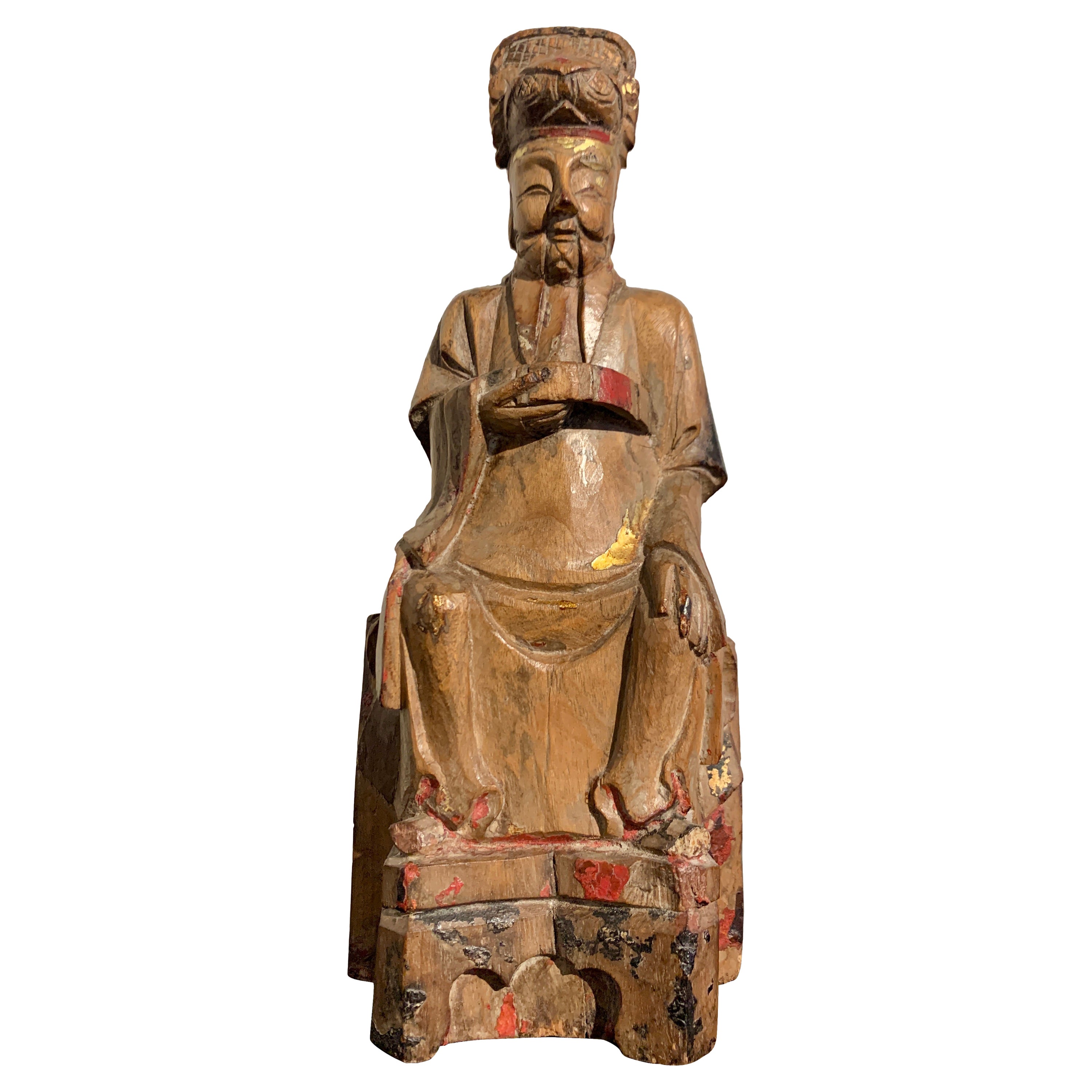Chinesische taoistische geschnitzte Holzgottheit, Ming/Qing Dynasty, Mitte 17. Jahrhundert, China im Angebot