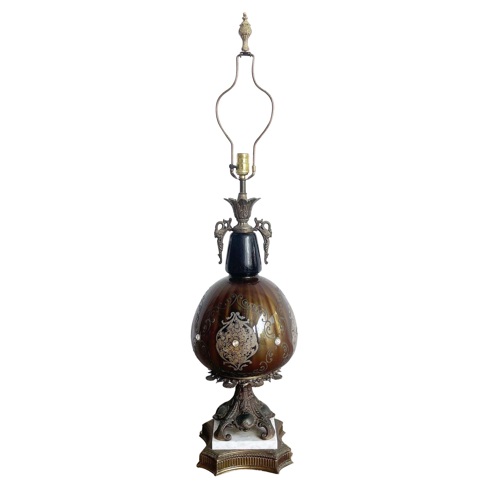 Antique Italian Porcelain Brass and Marble Table Lamp For Sale