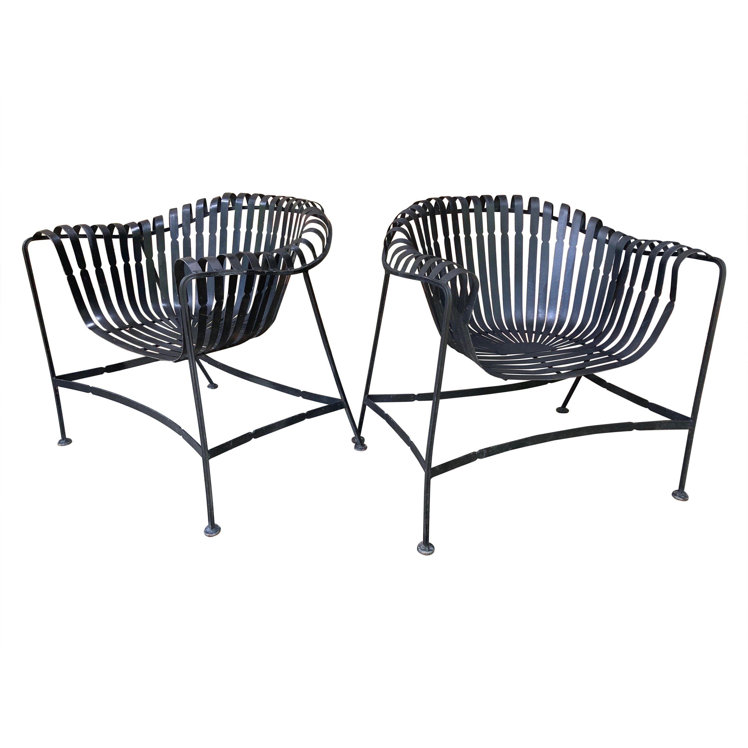 mid century modern russell woodard strap iron loungers - a pair For Sale