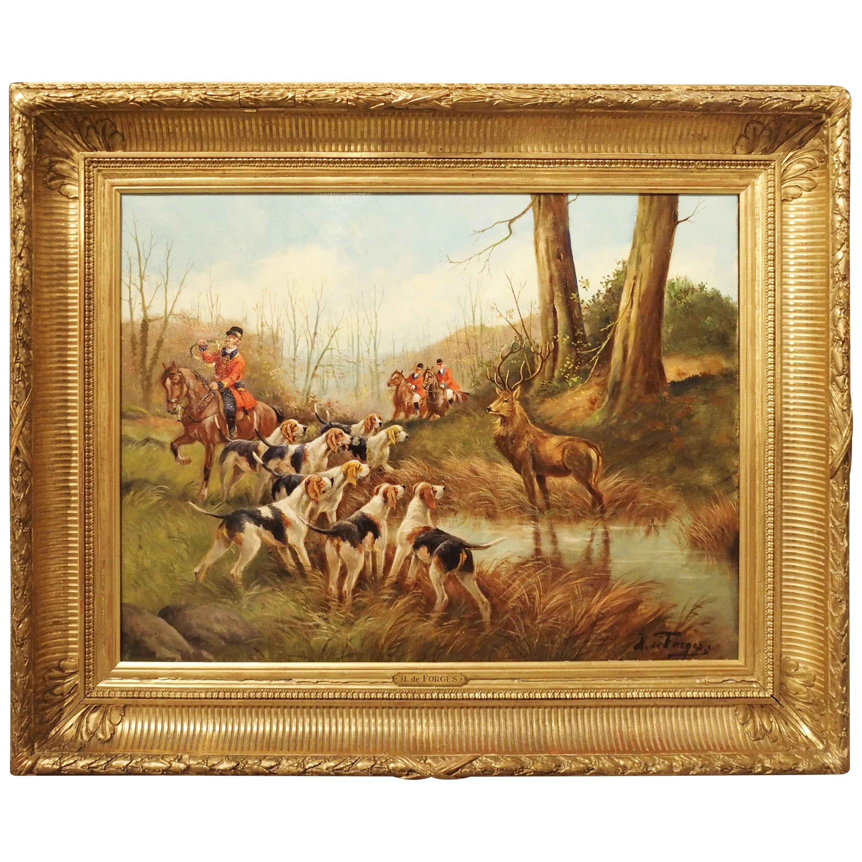 Ancienne peinture française à l'huile sur toile de chasse au cerf dans un cadre en bois doré, H. De Forges en vente