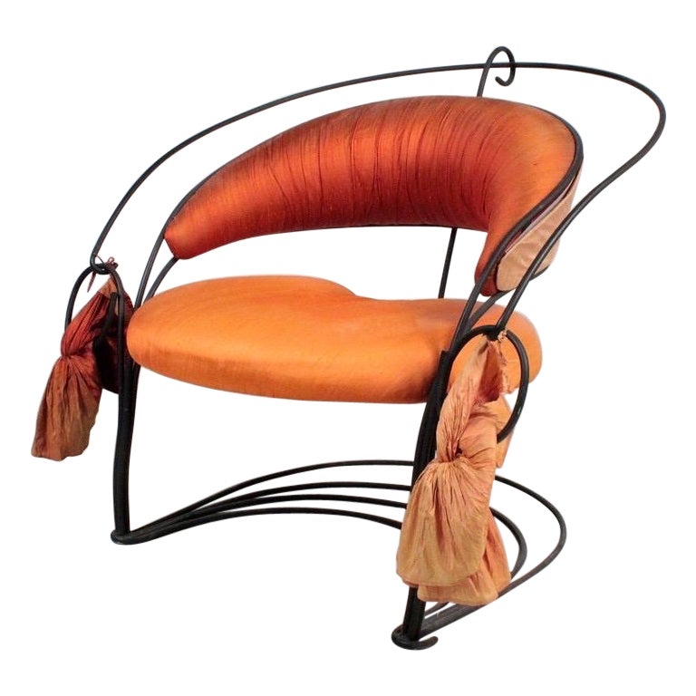 Postmodern Sculptural Italian Chair in black natal and orange silk, Italy 1980 For Sale