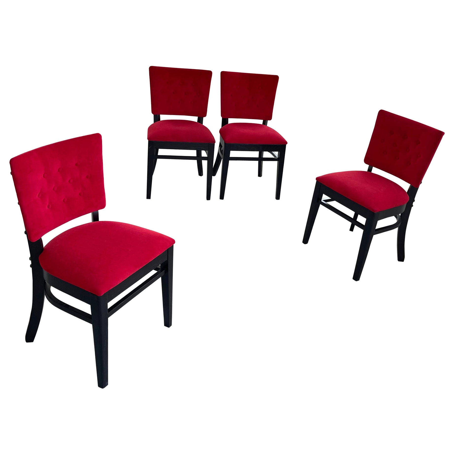 Red Velvet And Ebonized Oak Café Dining Chairs