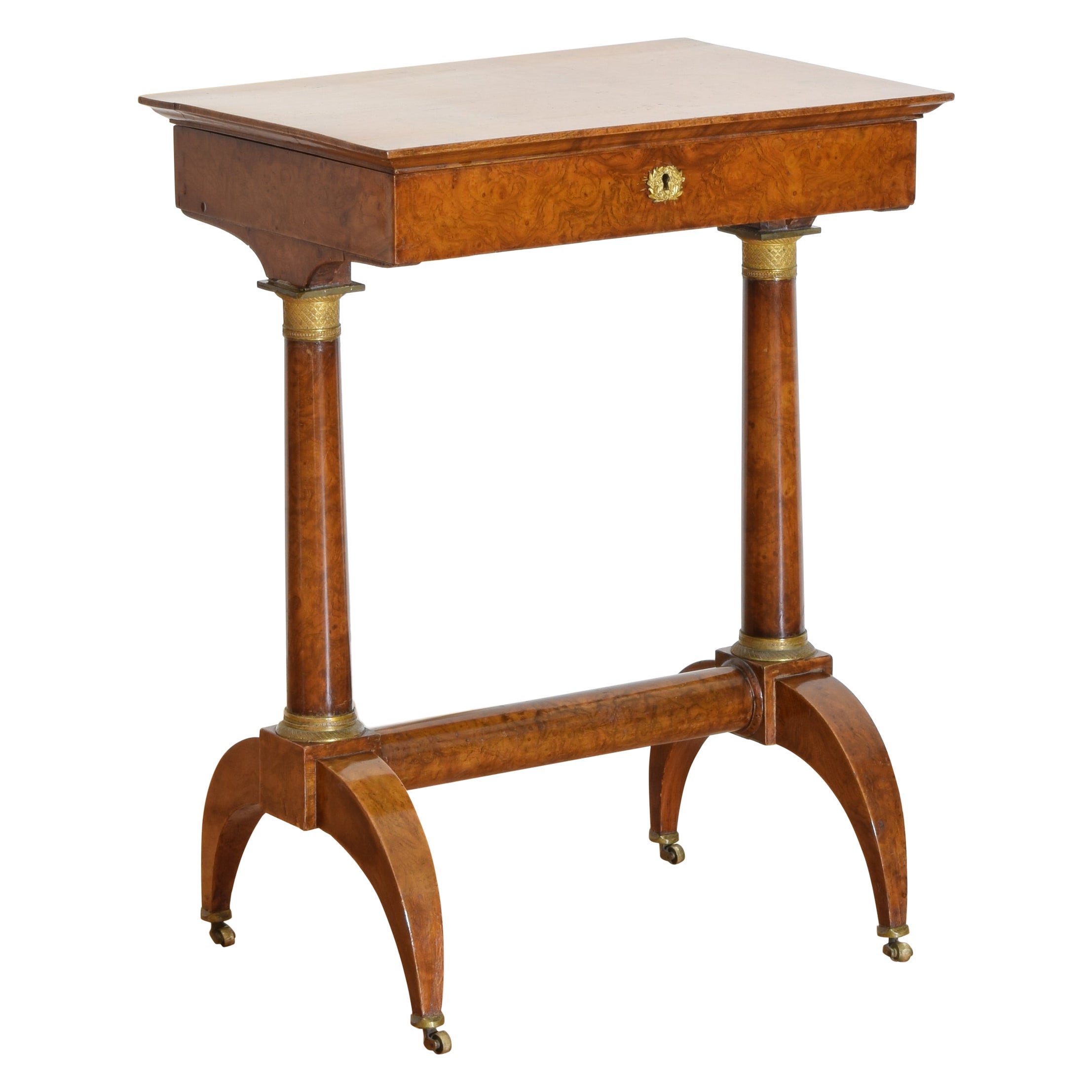 French Empire Burl Walnut Veneer & Brass Hinged Top Vanity/End Table, 1stq 19c For Sale