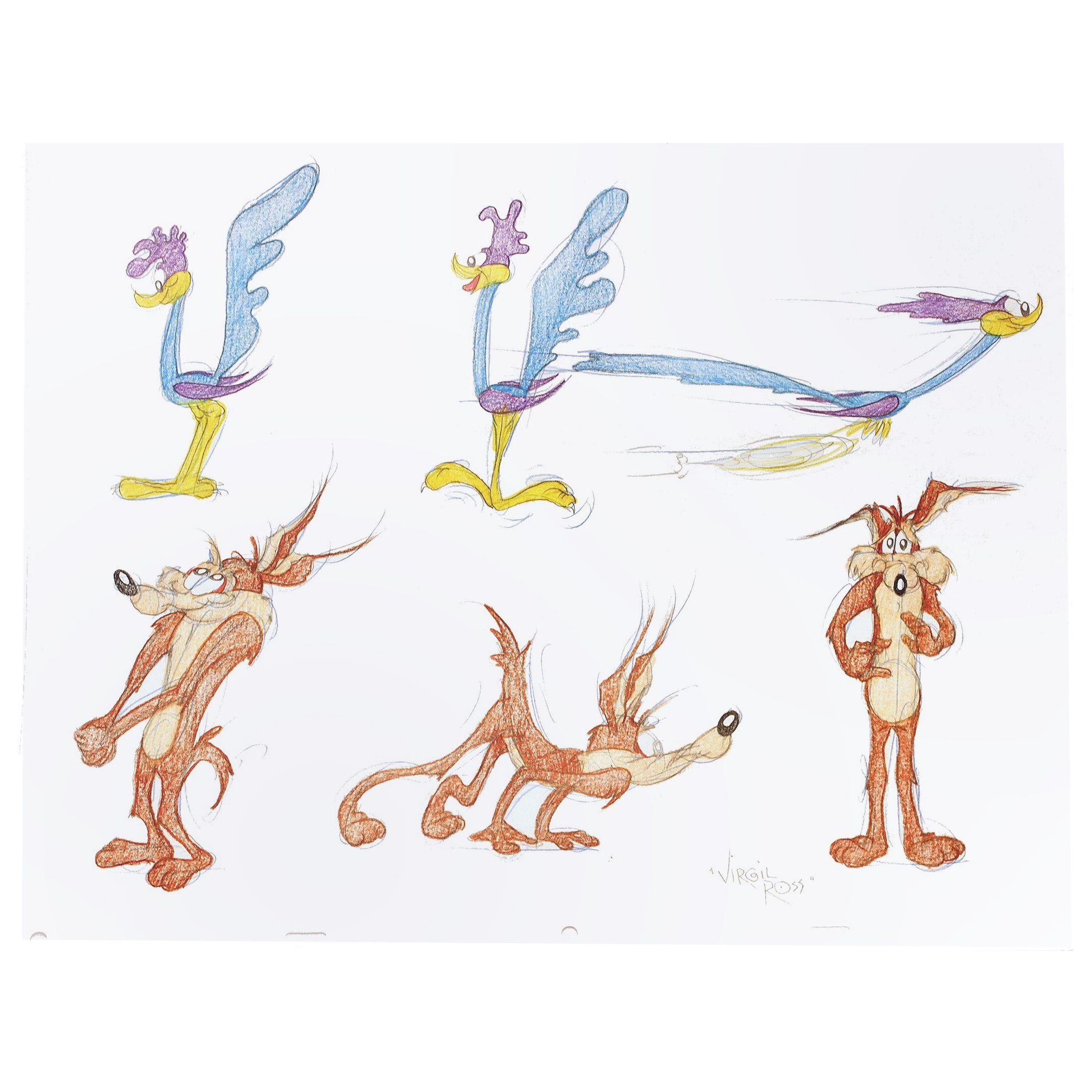 6 ORIGINAL DRAWINGS OF THE ROAD RUNNER & WILE E. COYOTE - Signed By Virgil Ross