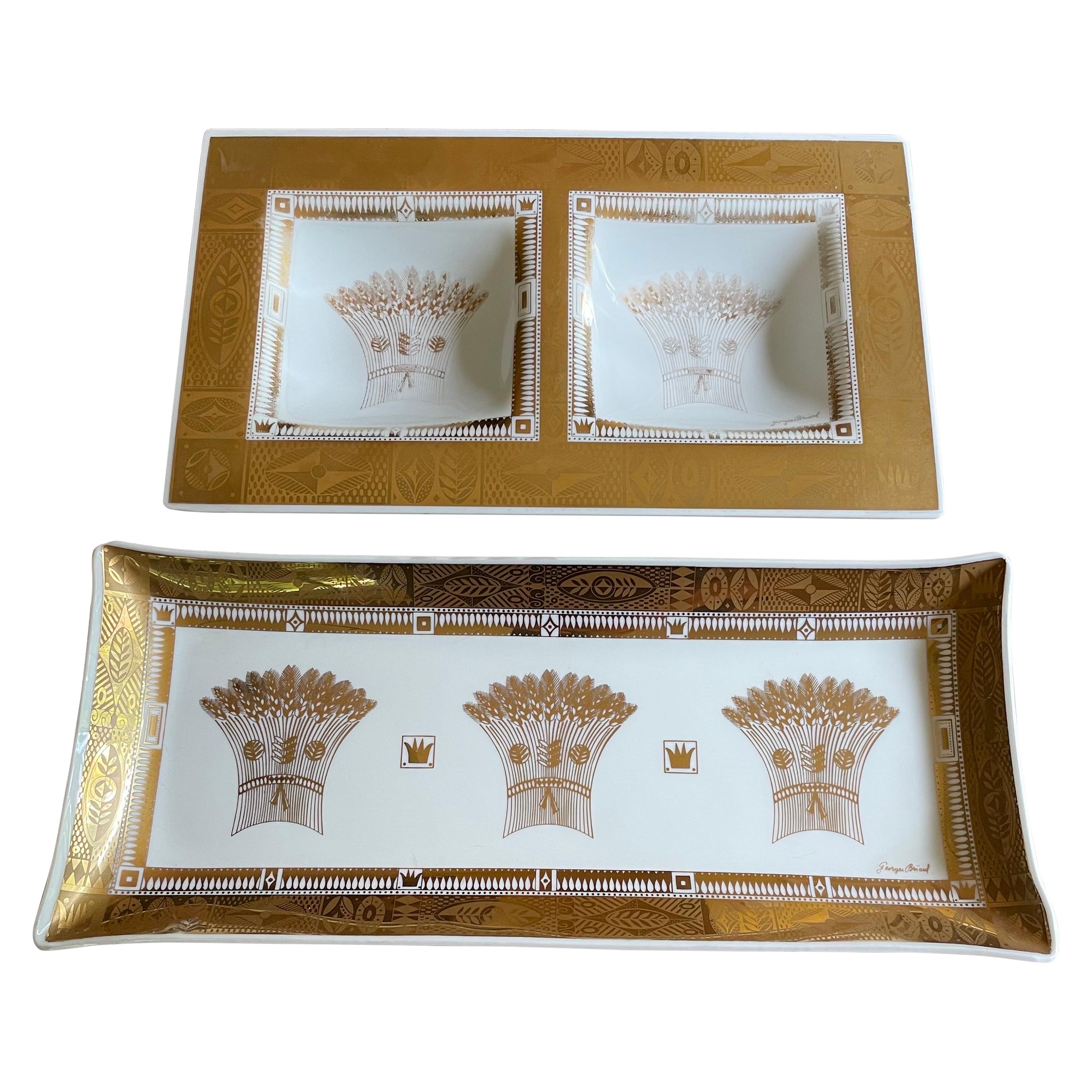 Mid Century Georges Briard Milk Glass Trays with Gold Leaf Harvest Design  For Sale