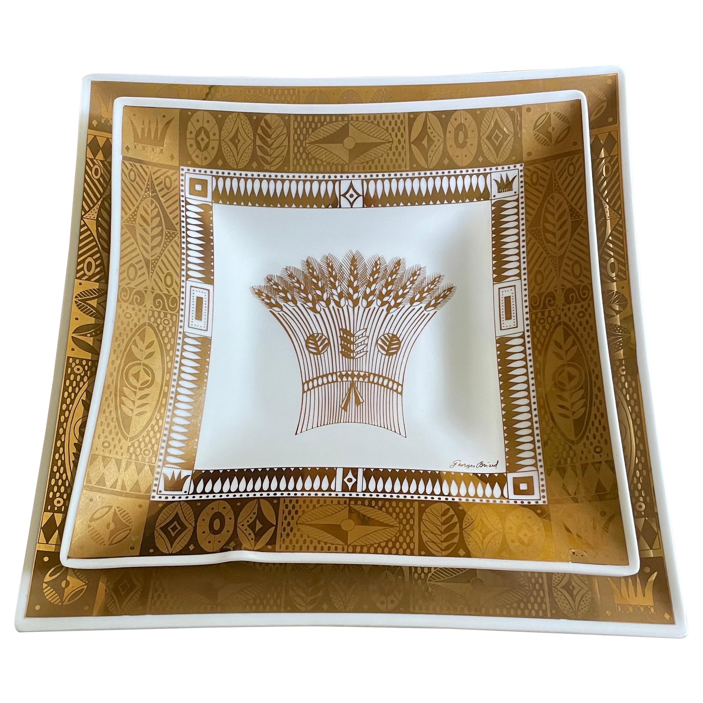 Mid Century Georges Briard Milk Glass Trays with Gold Leaf Pattern 