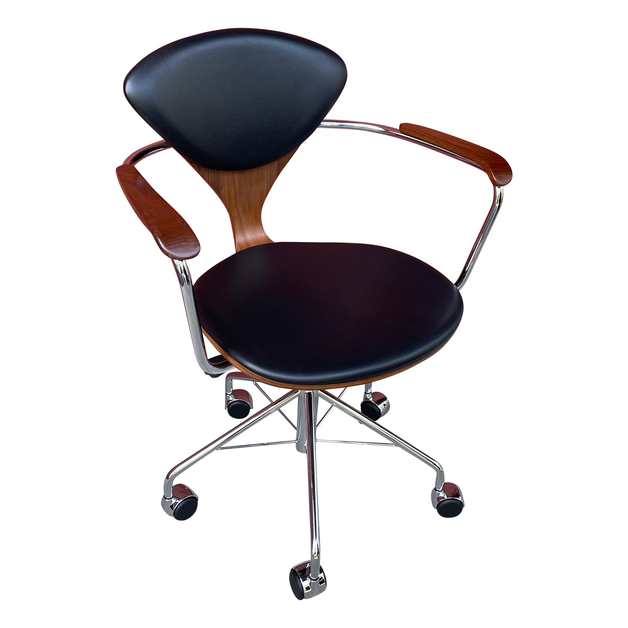 Desk Chair by Norman Cherner in Walnut Chrome Base Black Leather Seat & Back
