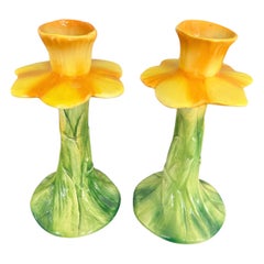 Vintage Pair of Yellow Flower/ Daffodil  Candlesticks Made in Italy 