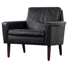 Retro Danish Modern Black Leather Lounge Chair