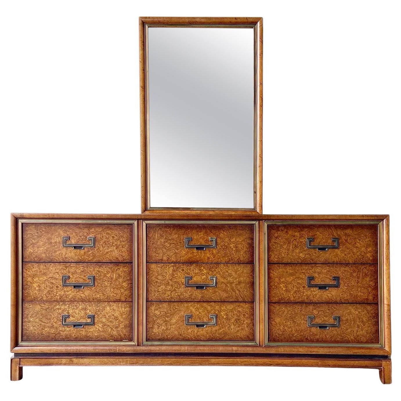 Mid Century Chinoiserie Burl Wood Dresser With Mirror by Founders