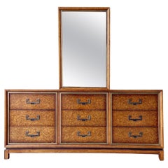Mid Century Chinoiserie Burl Wood Dresser With Mirror by Founders