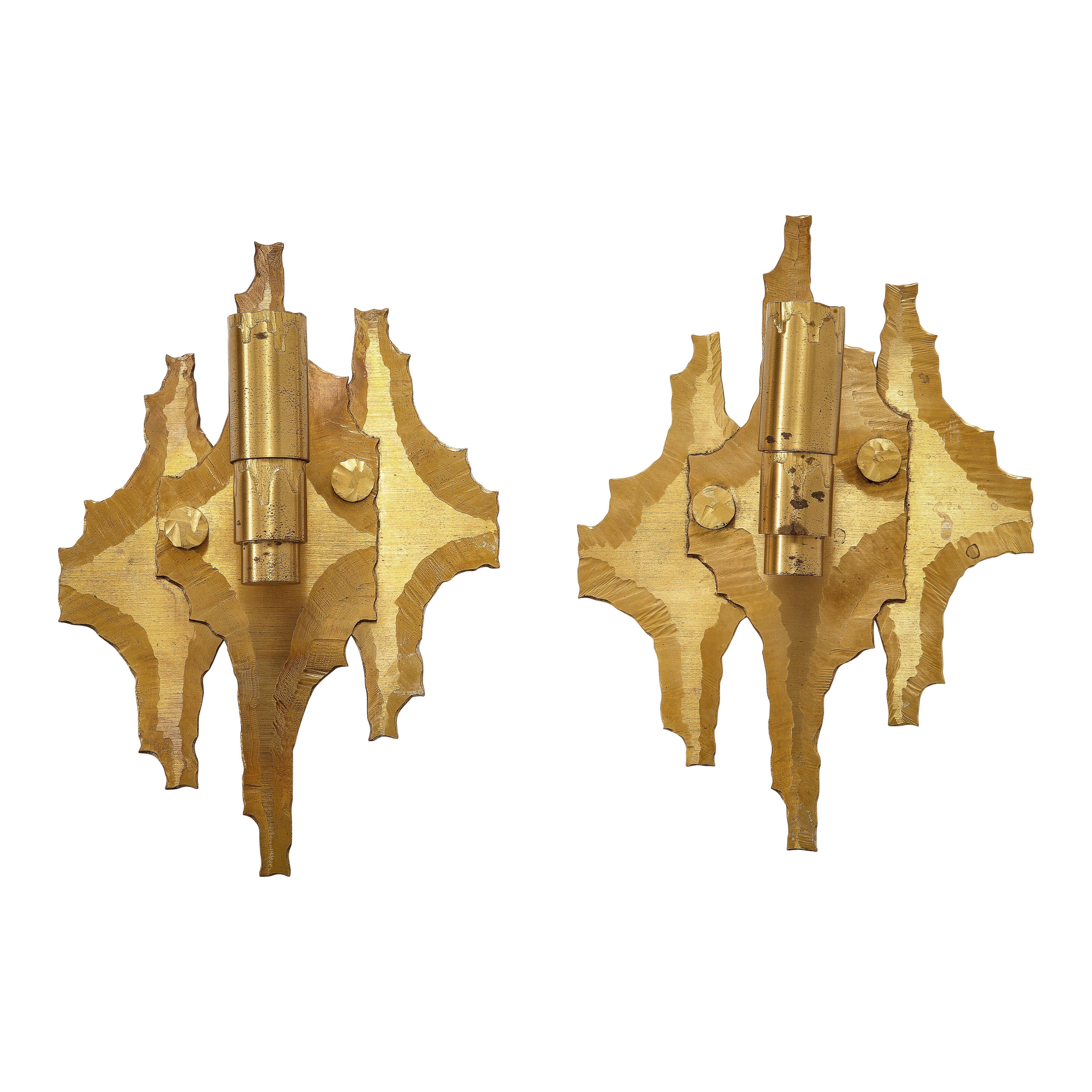 Pair of Brutalist Cut & Etched Brass Sconces - Germany 1970s