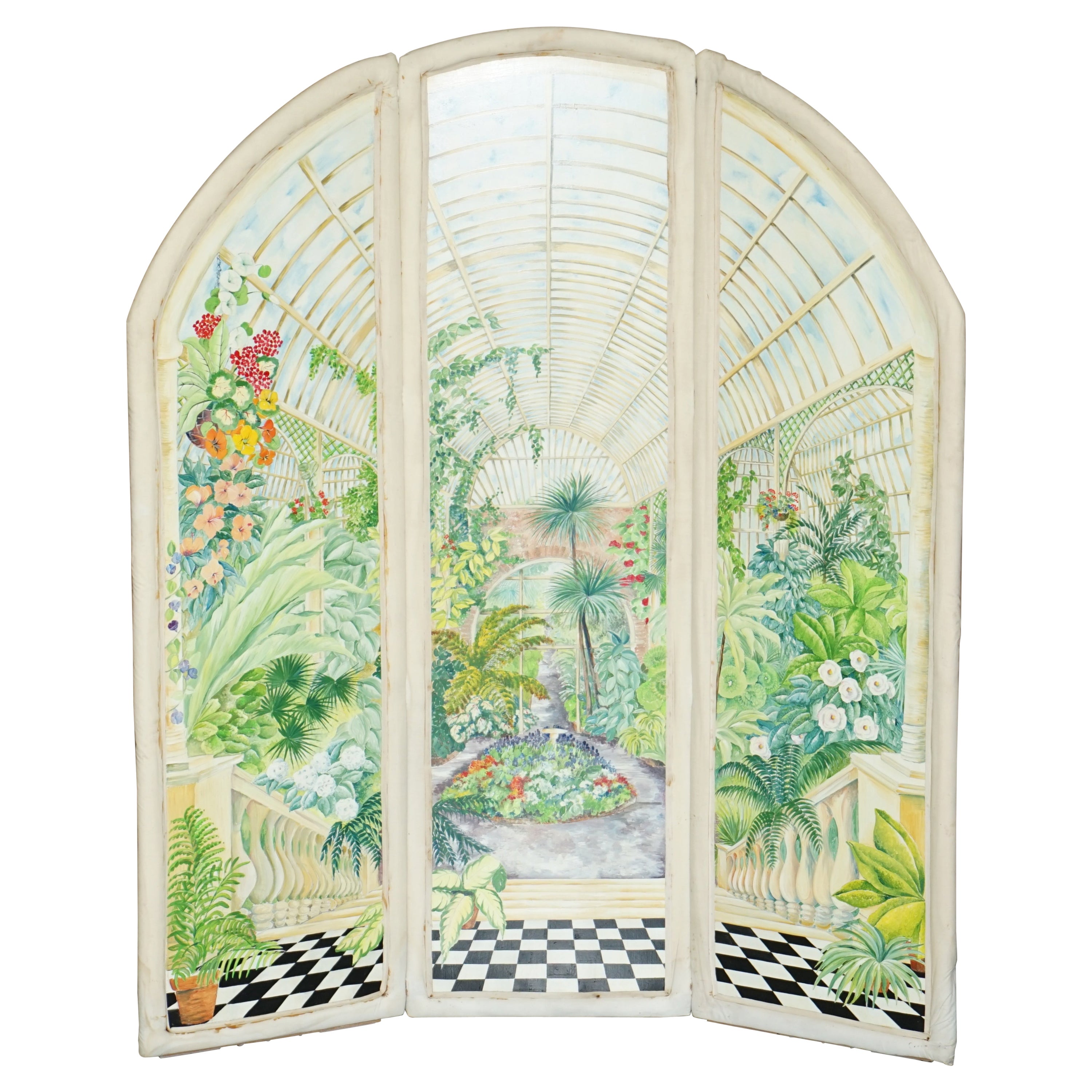 STUNNING VERY LARGE 1930's WATERCOLOR ROOM DIVIDER FOLDING SCREEN GARDEN SCENE For Sale