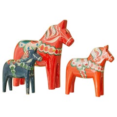 Vintage Set of Dalar Horses Painted in Red and Blue, Sweden, 20th Century 