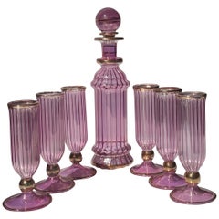 Used 1950s Italian Murano Bright Rose Pink Gold Art Glass Serving Set
