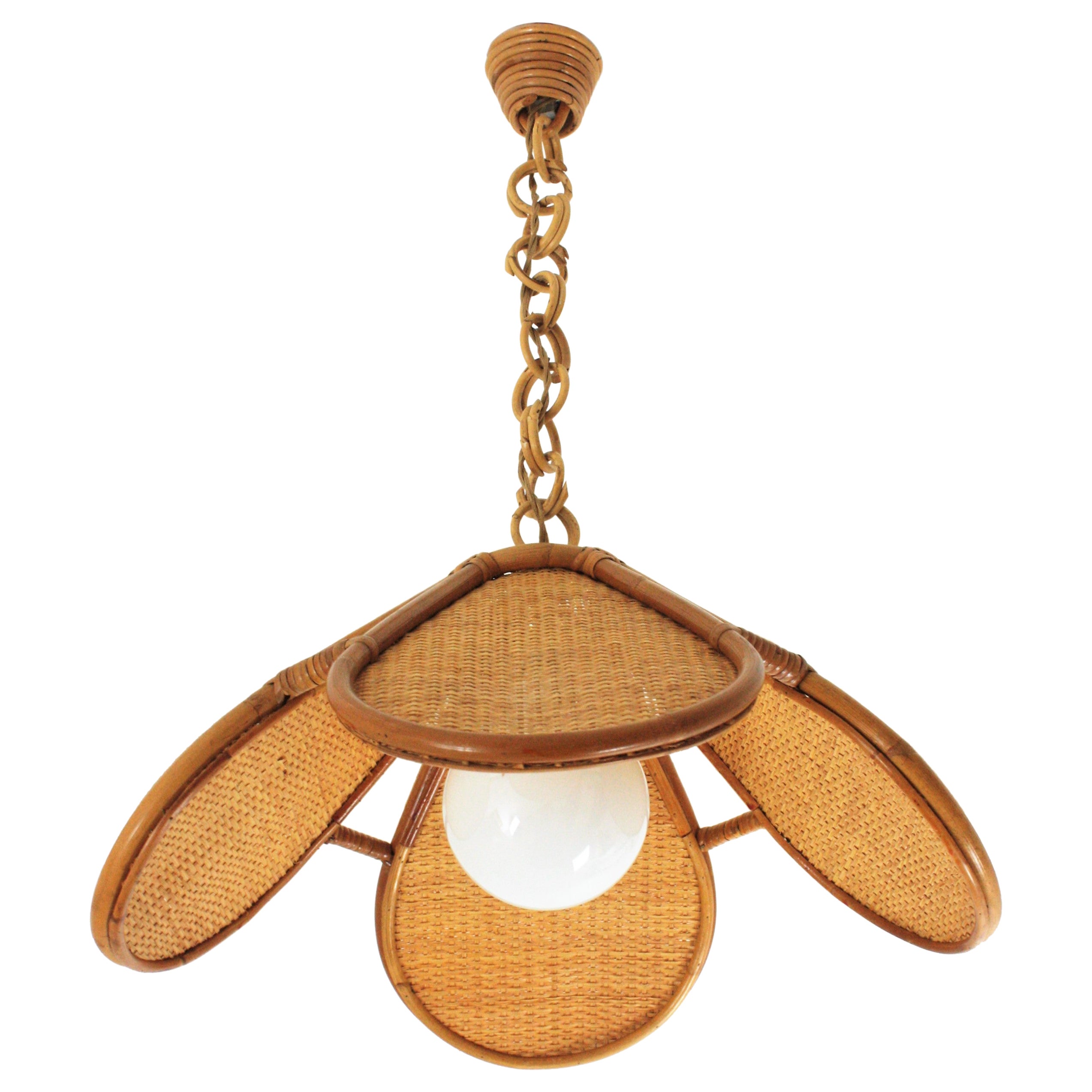 Spanish Modernist Woven Rattan Bamboo Palm Pendant Lamp Lantern For Sale