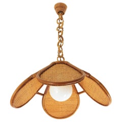 Vintage Spanish Modernist Woven Rattan Bamboo Palm Pendant Lamp Lantern