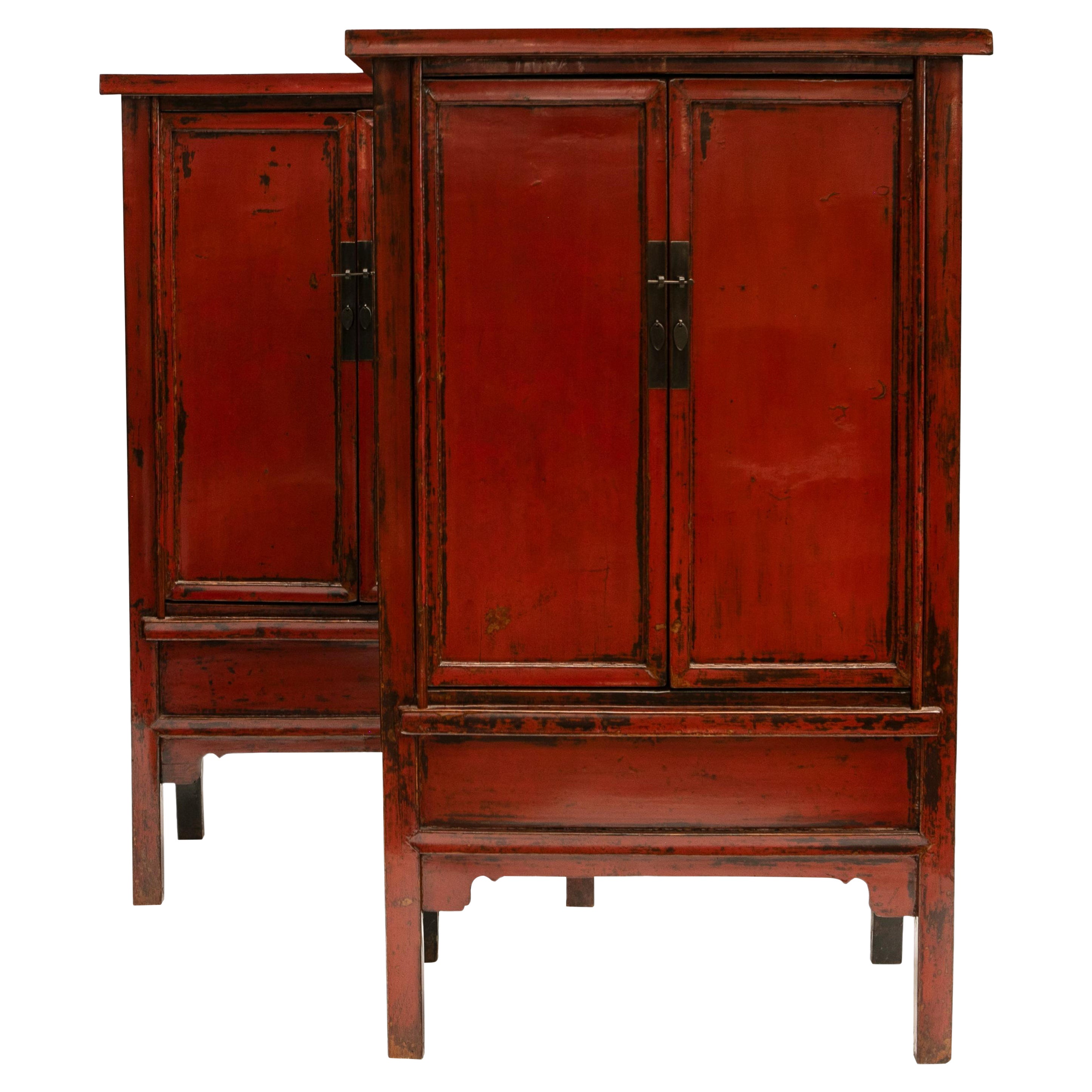 Pair of Chinese Red and Black Lacquer Cabinets For Sale