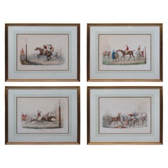 4 Antique Italian 19th Century Hand Colored Horse Race Engravings After Vernet