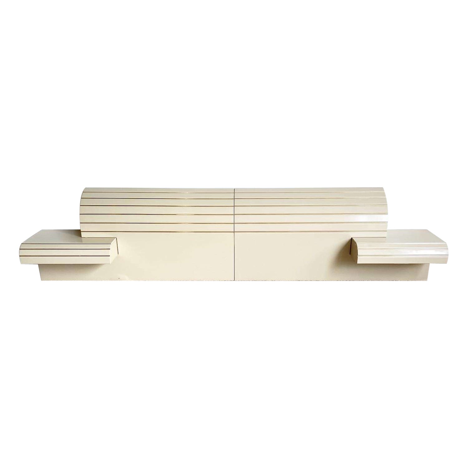 Postmodern Cream Lacquer Waterfall Headboard and Floating Nightstands by Rougier For Sale