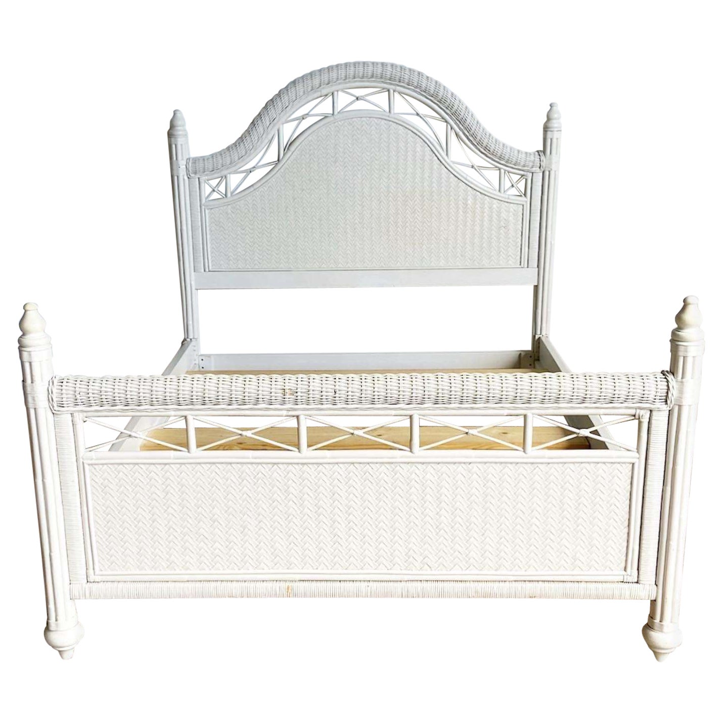 Boho Chic White Wicker Bamboo Rattan and Herringbone Queen Size Bed Frame For Sale