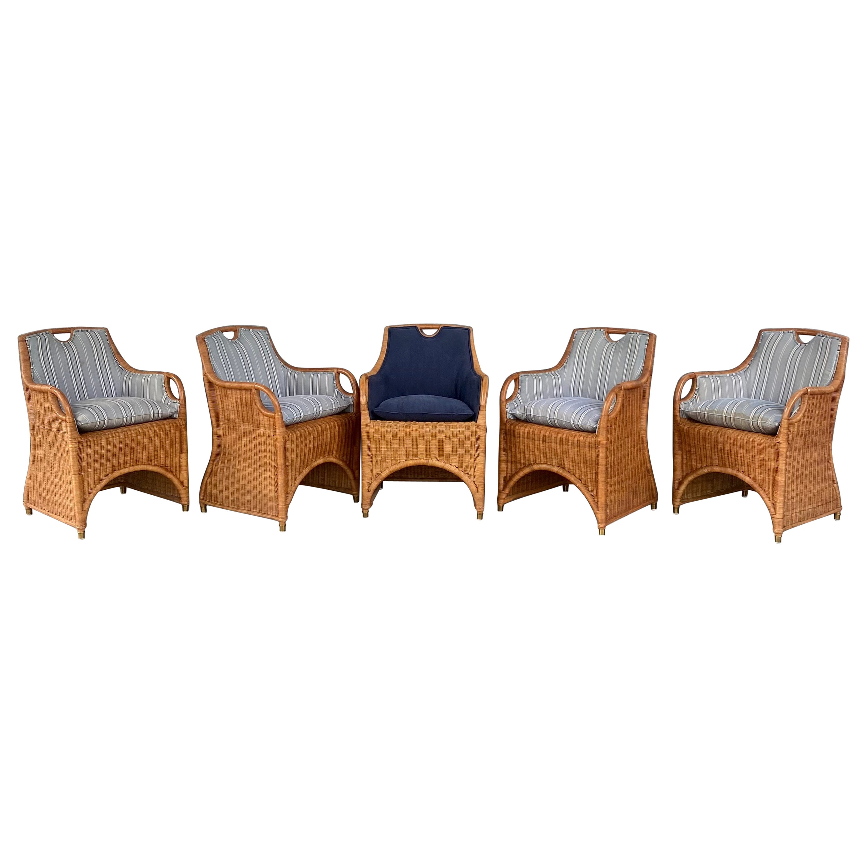 Ralph Lauren Henredon Rattan Denim Dining Sculptural Dining Chairs, Set of 5