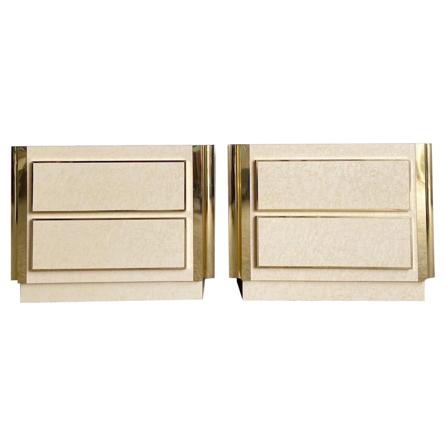 Postmodern Beige Gold and Smoked Mirror Nightstands a Pair For Sale