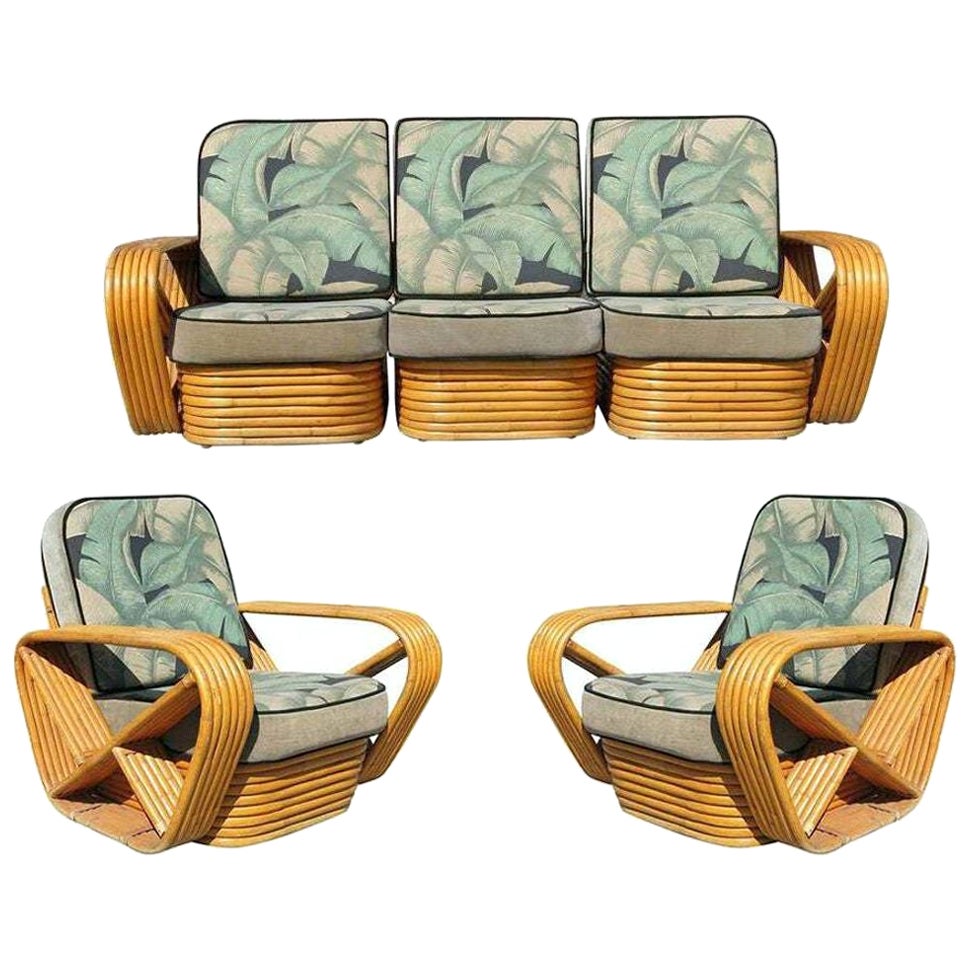 Restauriertes Rattan-Sofa und Loungesessel-Set im Paul Frankl-Stil mit 6 Strängen aus Rattan im Angebot