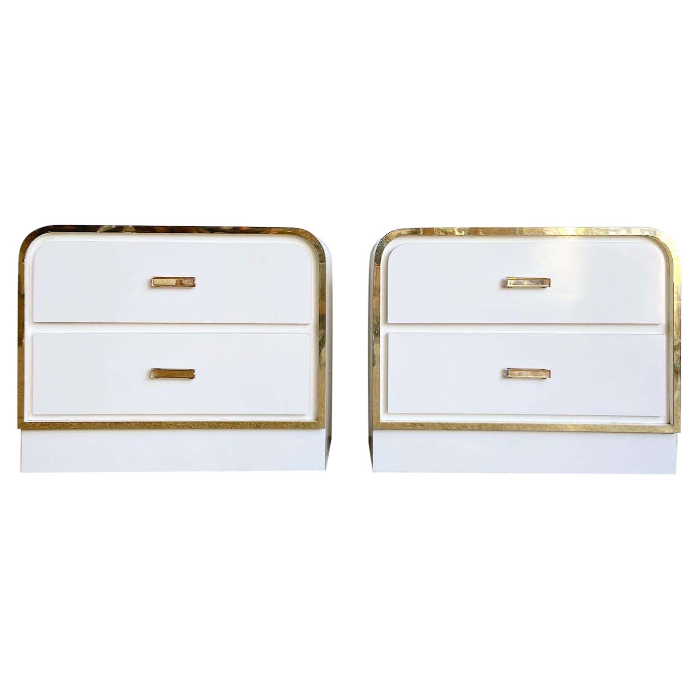 Postmodern White Lacquer Laminate Waterfall Nightstands W/ Gold Accents - a Pair