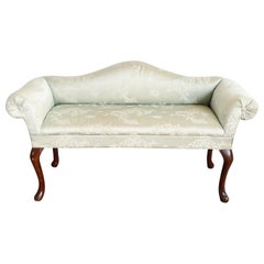 French Provincial Green Fabric Bench/Settee With Wooden Legs