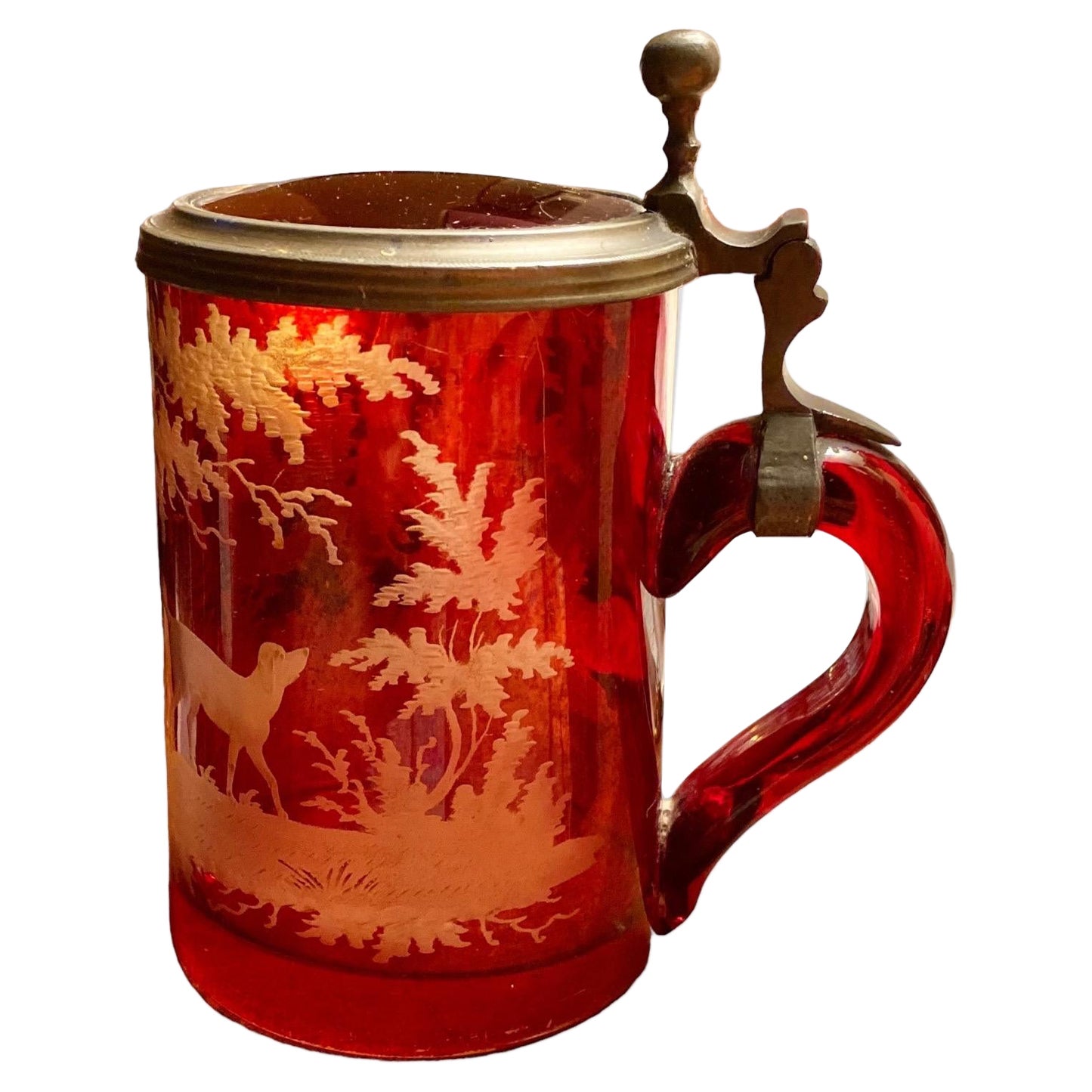 Antique German Bohemian Etched Red Flash Glass Beer Stein - German Ruby Krug  For Sale
